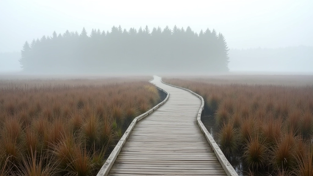 Wooden boardwalk stretching through misty marsh landscape