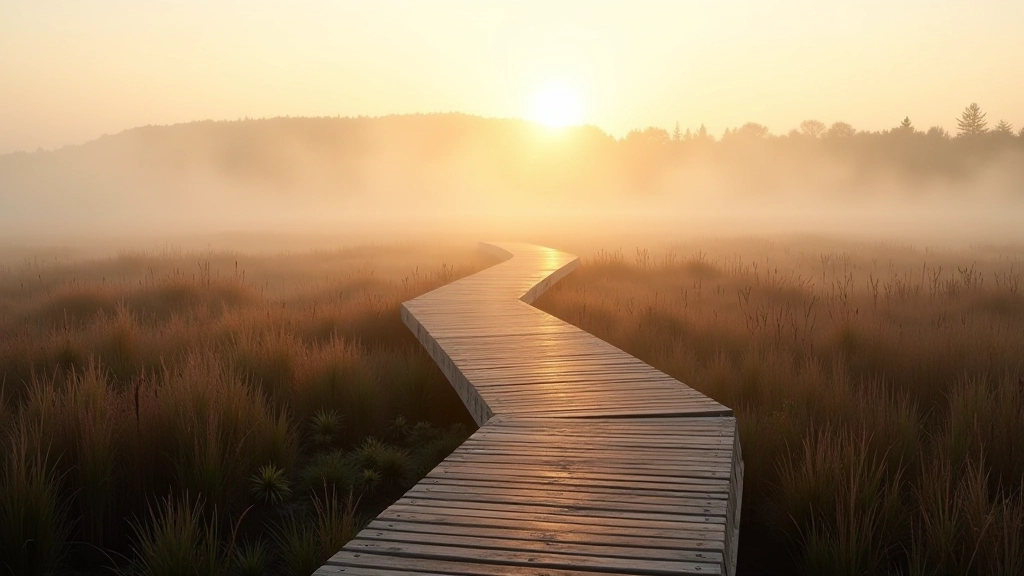 Wooden boardwalk through misty marsh landscape at dawn