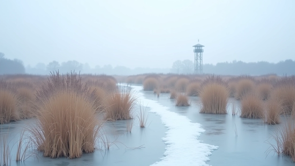 Frozen marsh landscape with ice crystals on vegetation, overcast winter sky, observation tower visible in distance