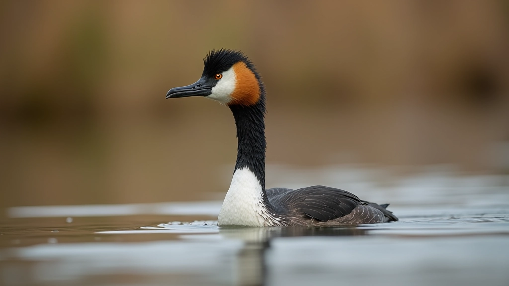 Great crested grebe swimming in shallow marsh water with distinctive black head plumage and white neck visible, reeds in background