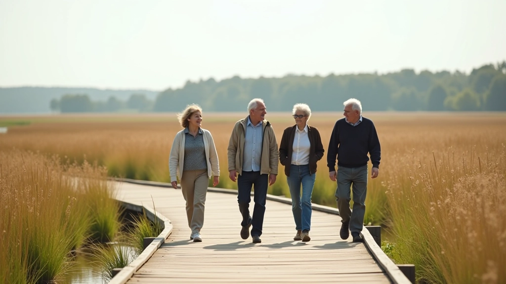 Group of four older adults walking together on a scenic trail, conversing and enjoying nature