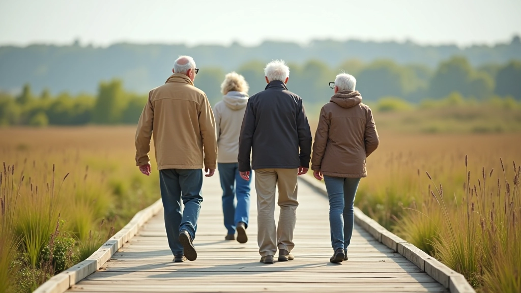 Older adults walking together on a wooden boardwalk path, relaxed pace, natural scenic background with marsh and sky