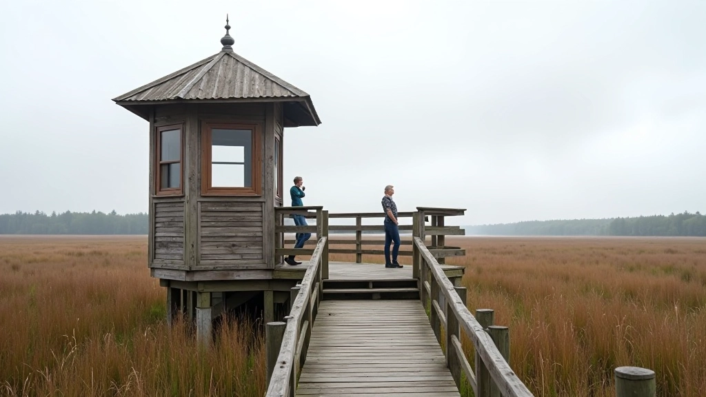 Wooden observation tower with viewing platform overlooking expansive marsh
