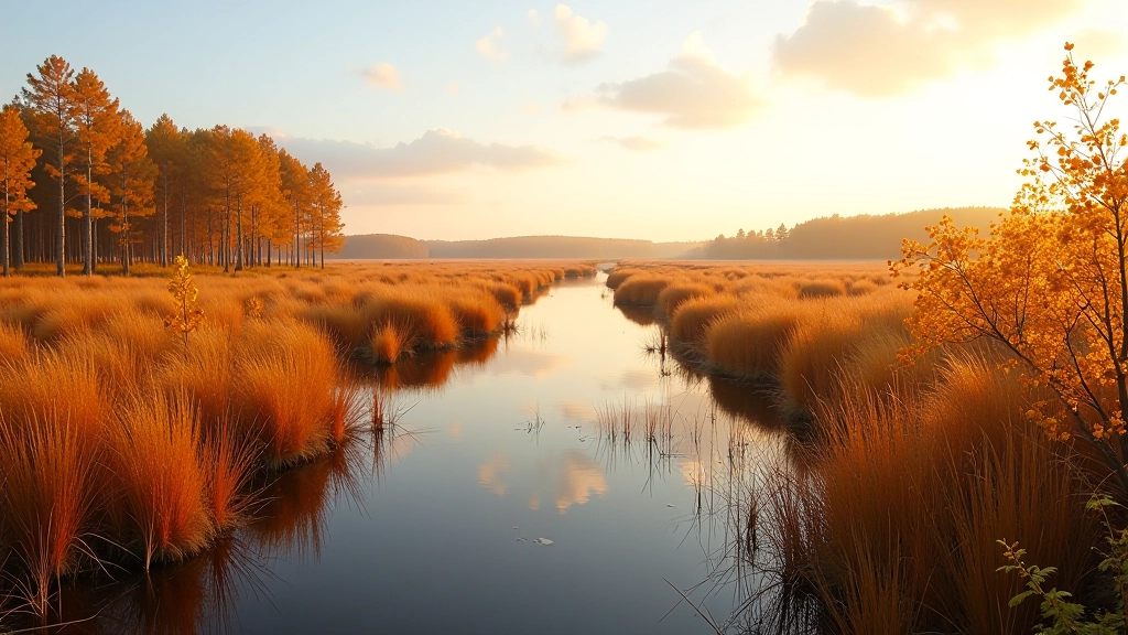 Seasonal marsh landscape showing autumn colors reflecting in still water