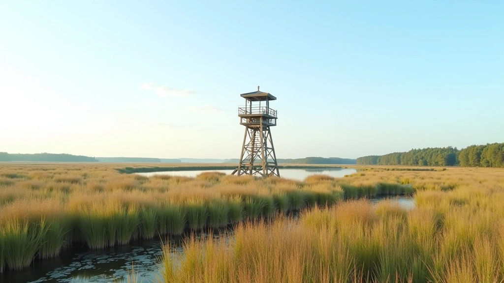 Wooden observation tower structure rising above marsh landscape, birds flying overhead, scenic vista visible from elevated platform