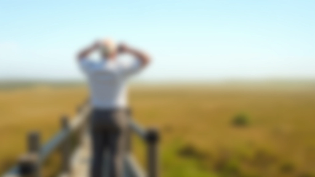 Birdwatcher with binoculars standing on observation platform overlooking expansive marsh wetland