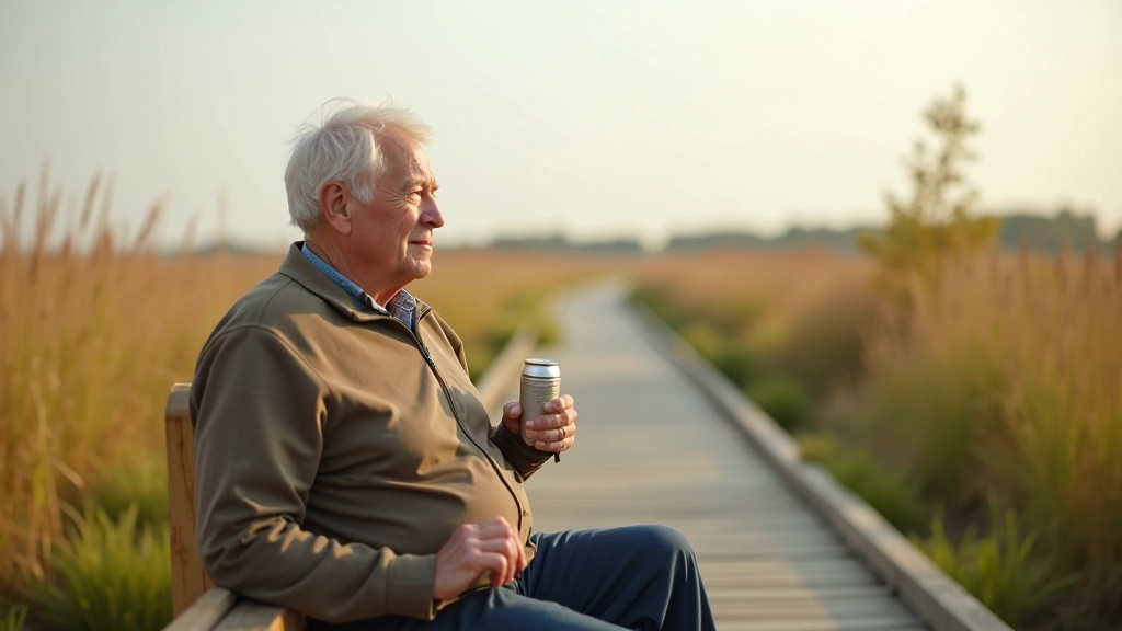 Older adult resting on wooden bench along the boardwalk with walking poles beside them, peaceful marsh view