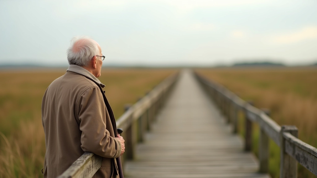 Older adult pausing on boardwalk looking at marsh landscape, leaning on walking stick, peaceful expression