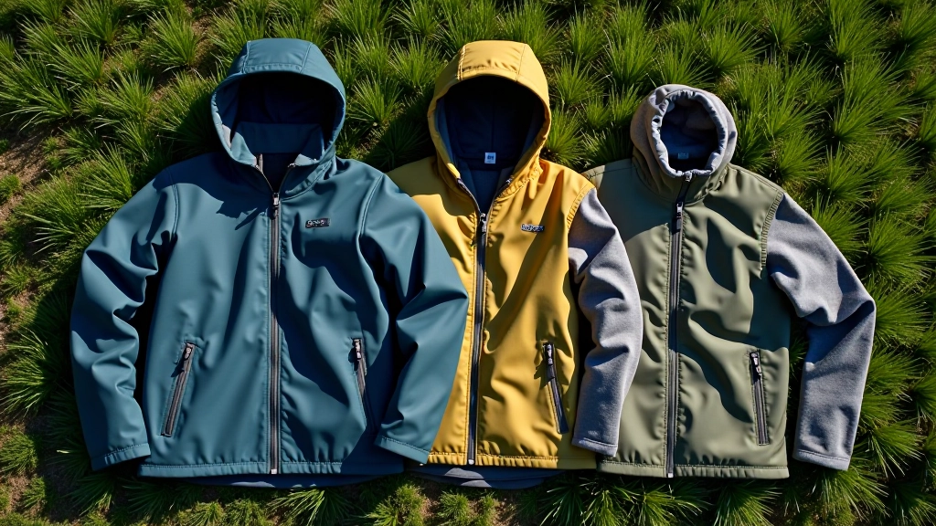 Layered clothing setup displayed outdoors with waterproof jacket, moisture-wicking base layer, and fleece on grass
