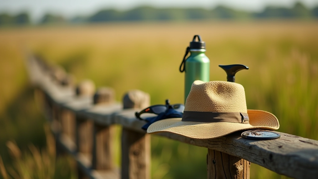 Walking poles, water bottle, sun hat, and sunglasses arranged on wooden boardwalk railing with marsh background
