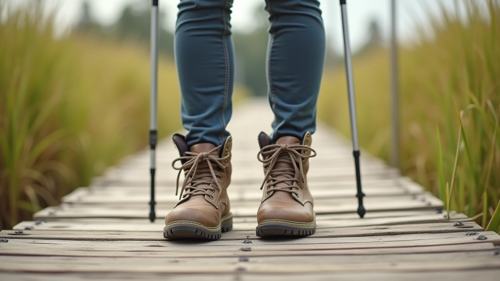 Comfortable walking boots and trekking poles resting on wooden boardwalk with marsh scenery background