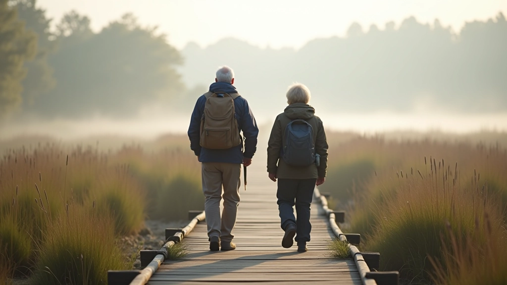 Pensioners enjoying a peaceful walk on the Ķemeri boardwalk surrounded by marsh landscape