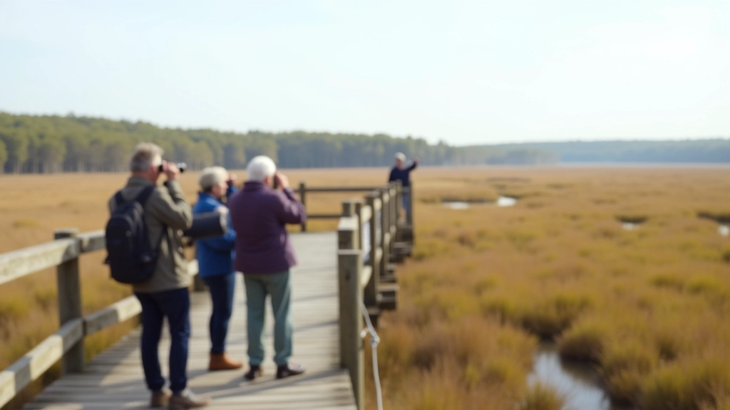 Group of seniors standing on observation tower platform overlooking vast marsh landscape