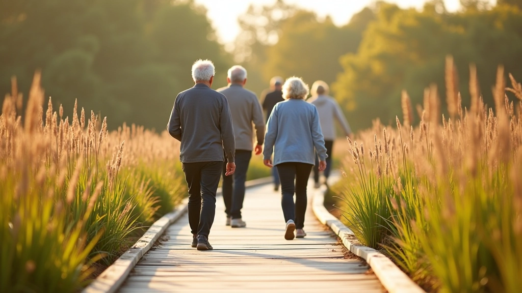 Group of seniors walking together on boardwalk with guide pointing at landscape