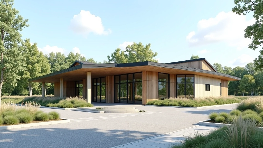 Visitor center building with parking area, accessible entrance, people gathered near the facility in daytime