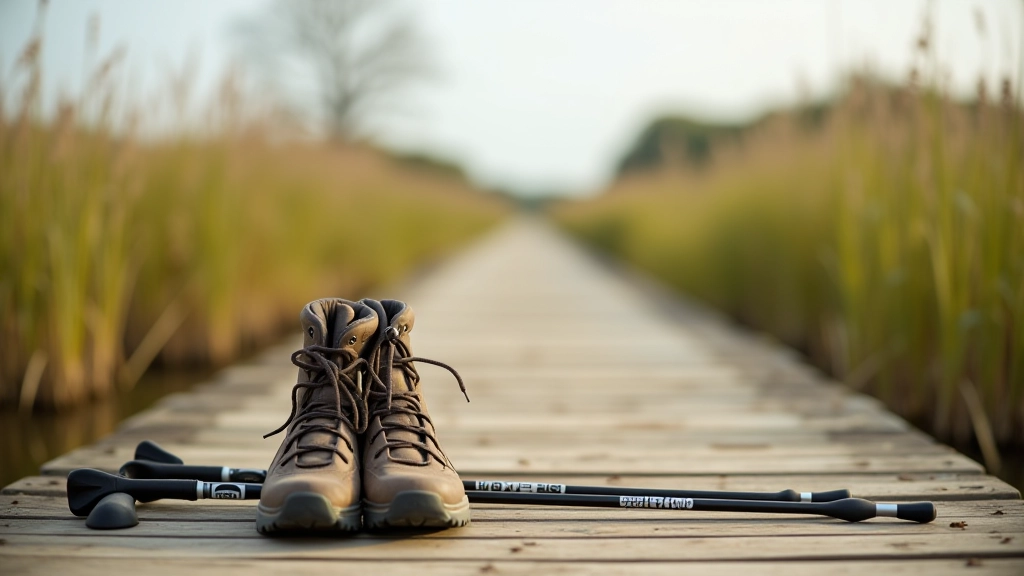 Walking boots and trekking poles arranged on outdoor surface with hiking accessories