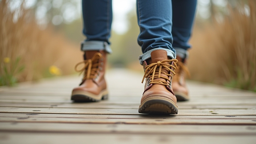 Close-up of walking boots on wooden boardwalk surface with clear weather conditions