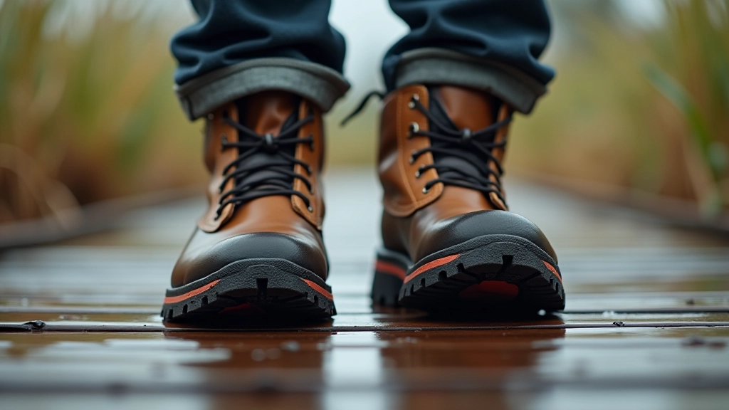 Close-up of hiking boots with good tread standing on wet wooden boardwalk planks, showing grip and weatherproofing