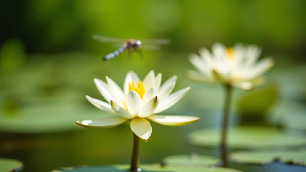 White water lily flowers blooming in shallow marsh water during sunny day with dragonfly hovering above
