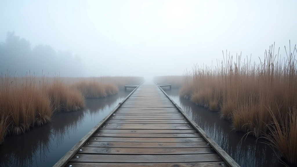 Wooden boardwalk pathway extending through misty wetland marsh with tall reeds and water