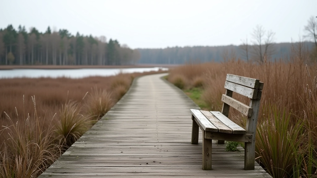 Wooden bench placed on boardwalk overlooking marsh water and vegetation with distant tree line