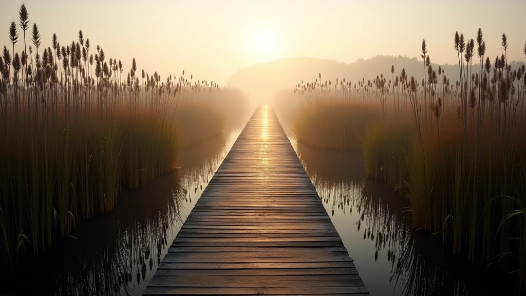 Wooden boardwalk pathway winding through misty wetland marsh landscape with tall reeds