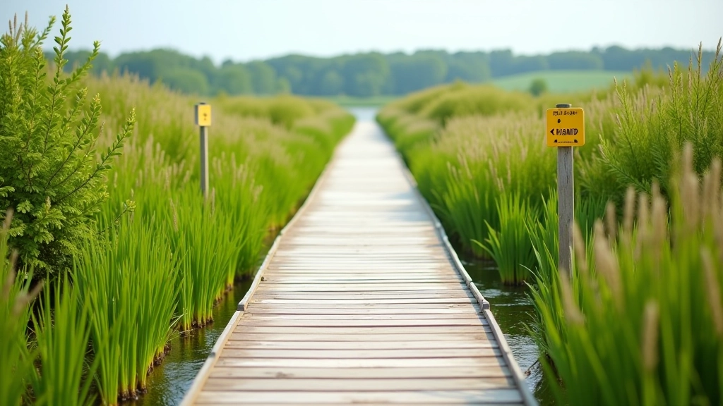 Wooden boardwalk path splitting into two directions through green marsh vegetation with directional signage visible