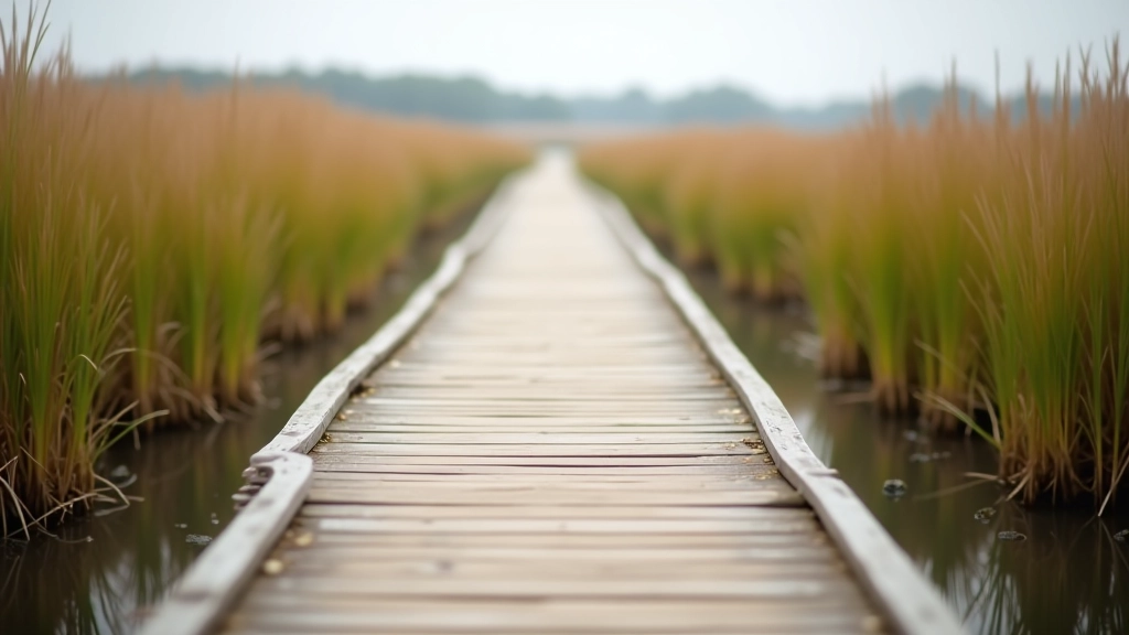 Close-up view of weathered wooden boardwalk planks with grip texture, marsh grasses visible on both sides