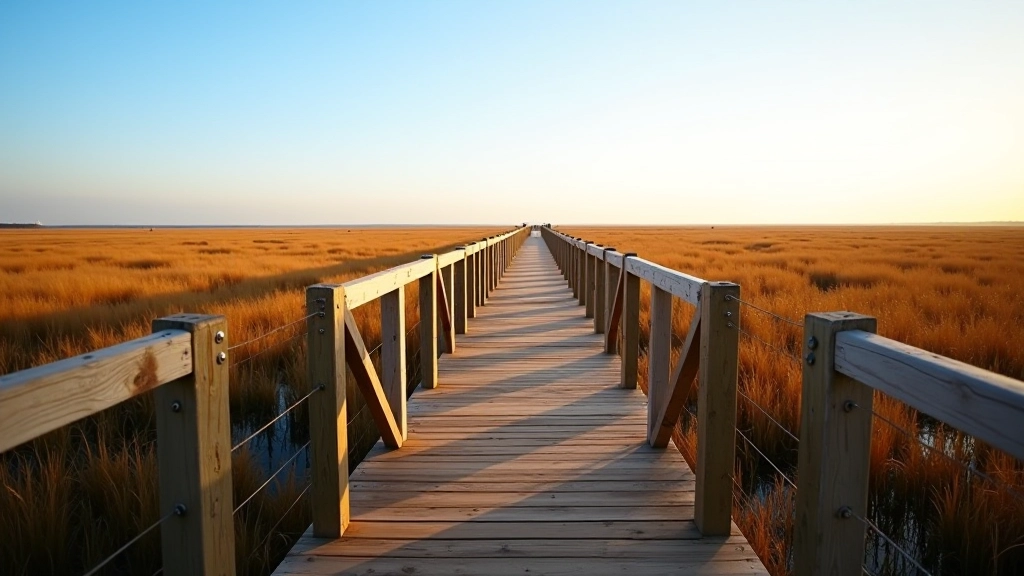 Wooden observation tower platform with metal railings overlooking vast wetland marsh during golden hour with blue sky
